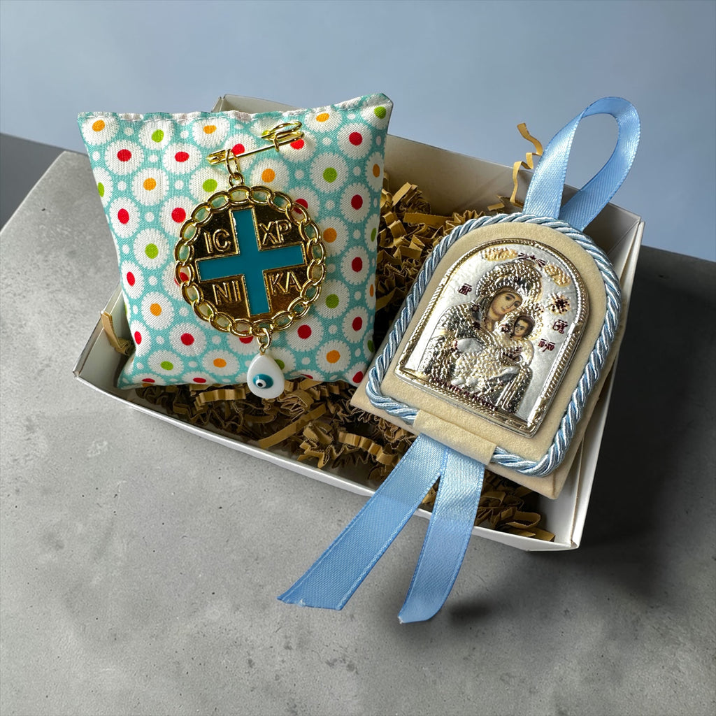 Baby Kit Νεογέννητου Αγοριού – Εικόνα Παναγίας Βηθλεεμίτισσας & Παραμάνα IC XC NIKA με Σταυρό