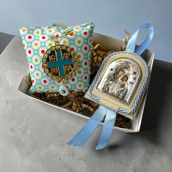 Baby Kit Νεογέννητου Αγοριού – Εικόνα Παναγίας Βηθλεεμίτισσας & Παραμάνα IC XC NIKA με Σταυρό