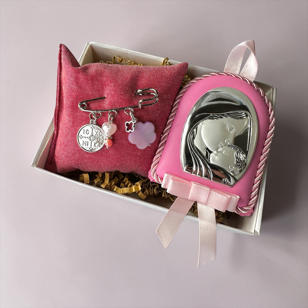 Baby Kit Νεογέννητου Κοριτσιού – Εικόνα Παναγίας & Παραμάνα IC XC NIKA με Λουλούδι