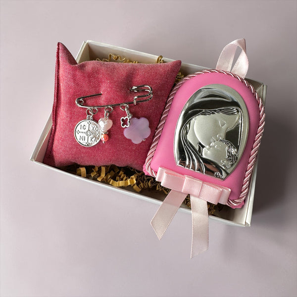 Baby Kit Νεογέννητου Κοριτσιού – Εικόνα Παναγίας & Παραμάνα IC XC NIKA με Λουλούδι