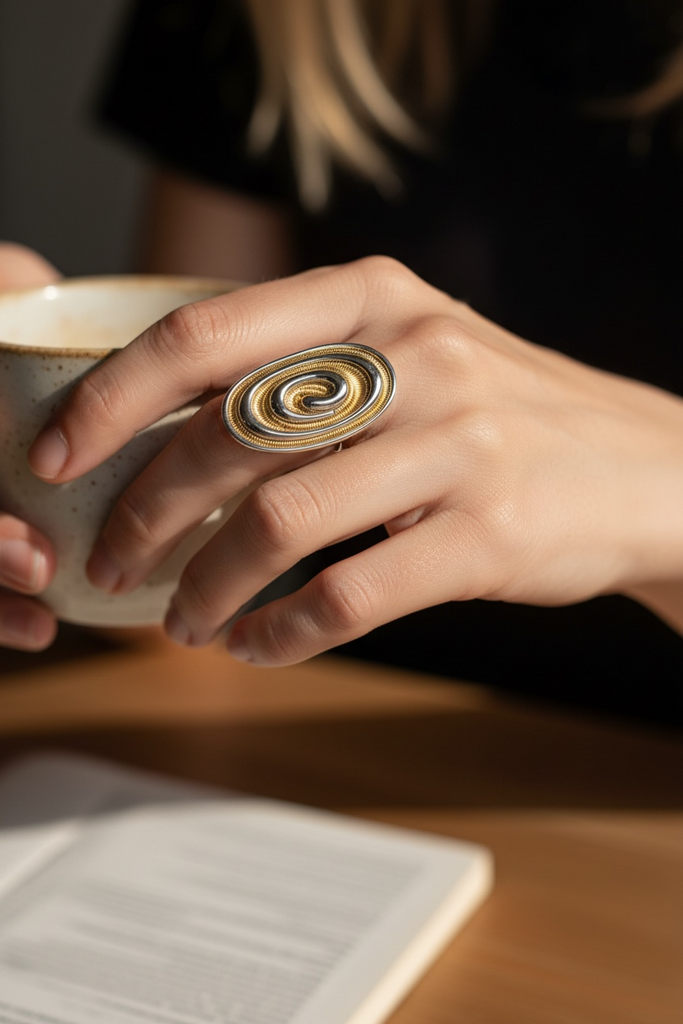 Δίχρωμο ατσάλινο δαχτυλίδι με μοντέρνο σπειροειδές σχέδιο