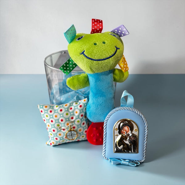 Σετ Δώρου Νεογέννητου Αγοριού με κουδουνίστρα βατραχάκι, Παραμάνα IC XC NIKA & Εικόνα Παναγίας