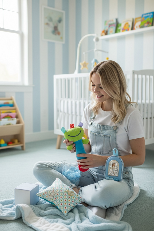 Σετ Δώρου Νεογέννητου Αγοριού με κουδουνίστρα βατραχάκι, Παραμάνα IC XC NIKA & Εικόνα Παναγίας