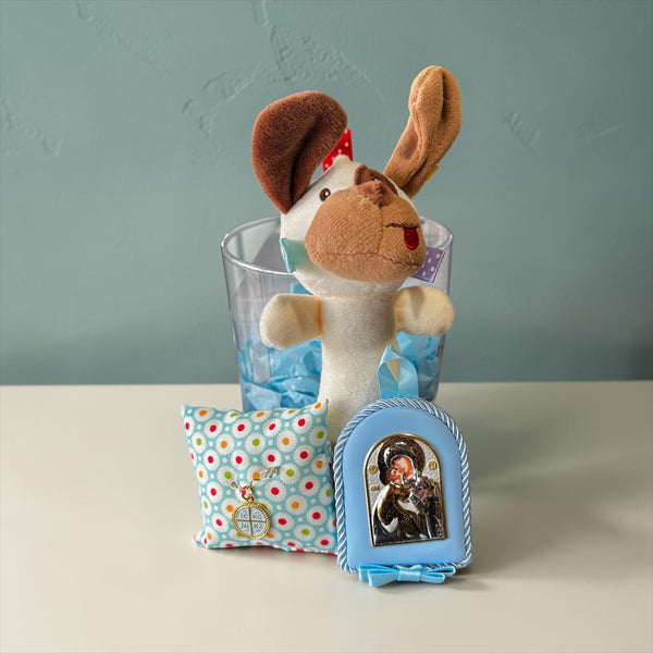 Σετ Δώρου Νεογέννητου Αγοριού με κουδουνίστρα σκυλάκι, Παραμάνα IC XC NIKA & Εικόνα Παναγίας