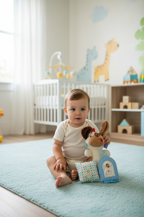 Σετ Δώρου Νεογέννητου Αγοριού με κουδουνίστρα σκυλάκι, Παραμάνα IC XC NIKA & Εικόνα Παναγίας