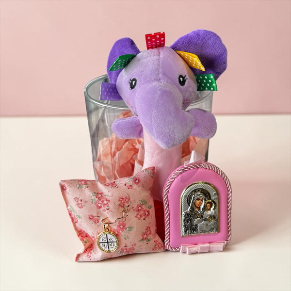 Σετ Δώρου Νεογέννητου Κοριτσιού με κουδουνίστρα ελεφαντάκι, παραμάνα IC XC NIKA & εικόνα Παναγίας