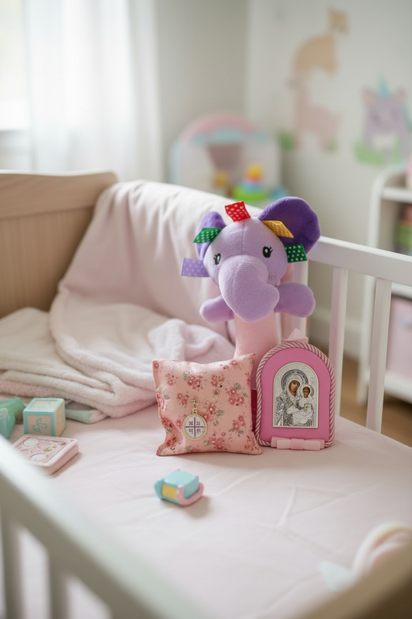 Σετ Δώρου Νεογέννητου Κοριτσιού με κουδουνίστρα ελεφαντάκι, παραμάνα IC XC NIKA & εικόνα Παναγίας