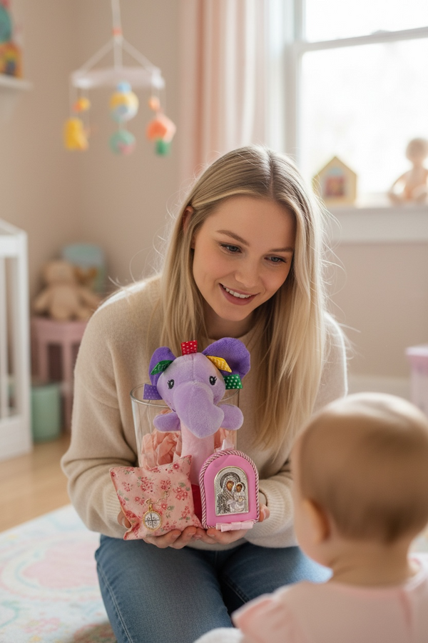 Σετ Δώρου Νεογέννητου Κοριτσιού με κουδουνίστρα ελεφαντάκι, παραμάνα IC XC NIKA & εικόνα Παναγίας