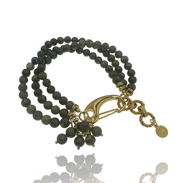 elephantina.gr triple strand bracelet with dark green gemstone beads and gold-toned metal clasp and charm