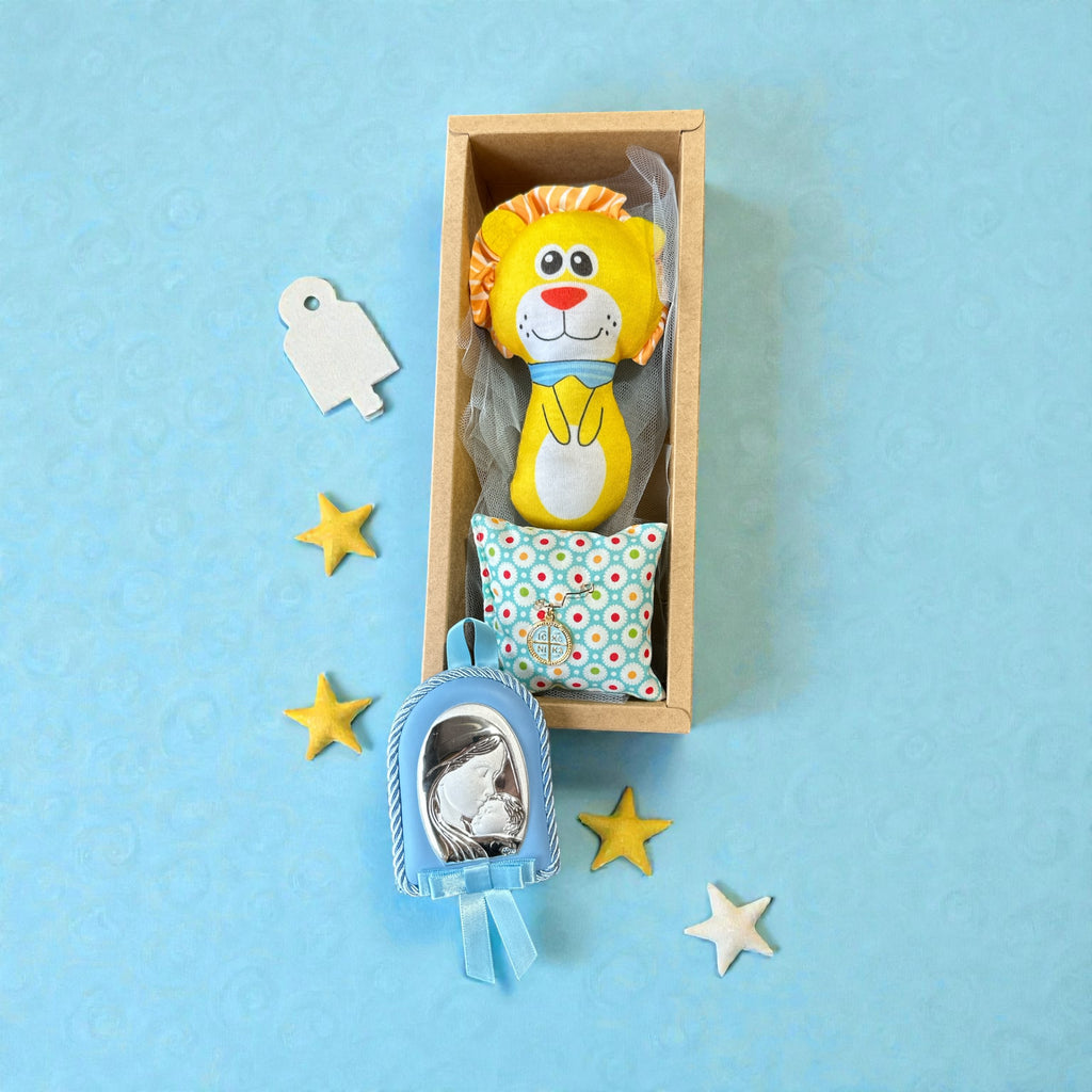 Baby Kit Νεογέννητου Αγοριού – Κουδουνίστρα Λιονταράκι, Εικόνα Παναγίας & Παραμάνα IC XC NIKA