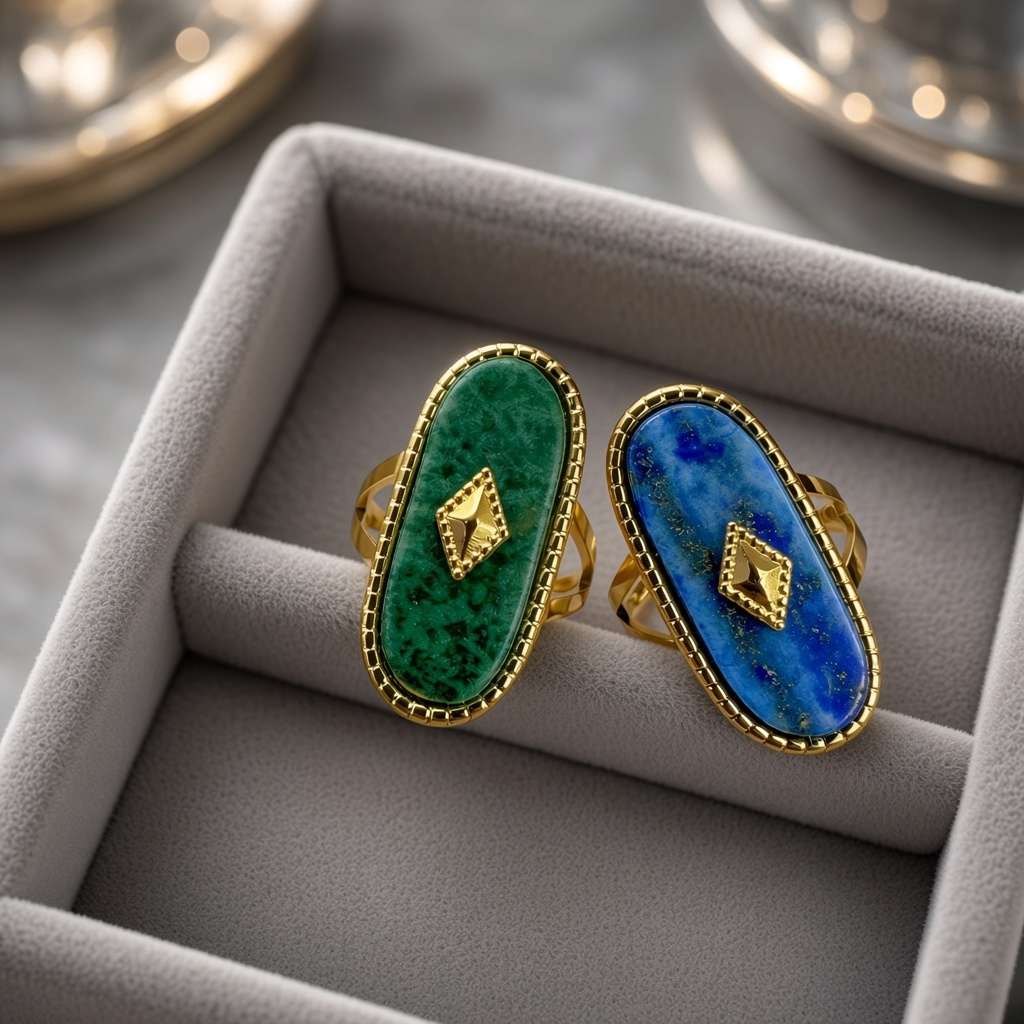 Ατσάλινα Δαχτυλίδια με Lapis Lazuli ή Μαλαχίτη – Ρυθμιζόμενα, Επίχρυσα