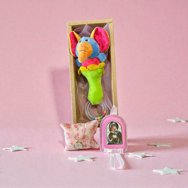 Baby Kit Νεογέννητου Κοριτσιού – Κουδουνίστρα Ελέφαντας, Παραμάνα IC XC NIKA & Εικόνα Παναγίας