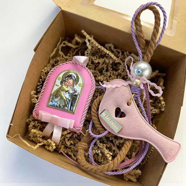 Σετ Δώρου για Νεογέννητο Κοριτσάκι με γούρι πουλάκι και εικόνα Παναγίας