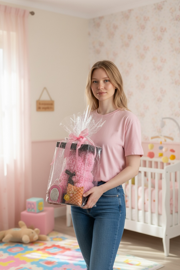 Baby Gift Set για Νεογέννητο Koρίτσι–Ροζ Αρκουδάκι από Τριαντάφυλλα με Παραμάνα IC XC NIKA & Εικόνα Παναγίας (9x7x1εκ)