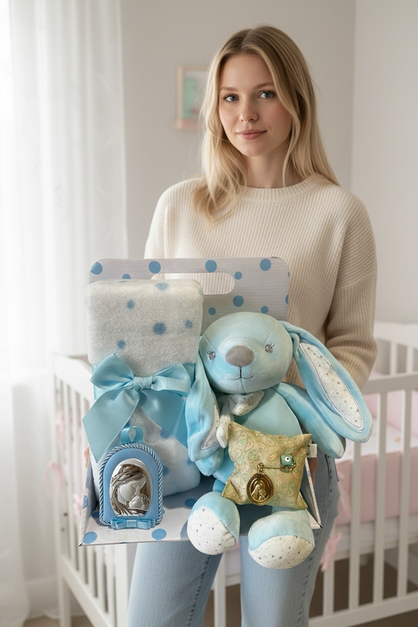 Σετ Δώρου Νεογέννητου Αγοριού - Κουβέρτα Φλις, Αρκουδάκι, Παραμάνα Φυλαχτό & Εικόνα Παναγίας