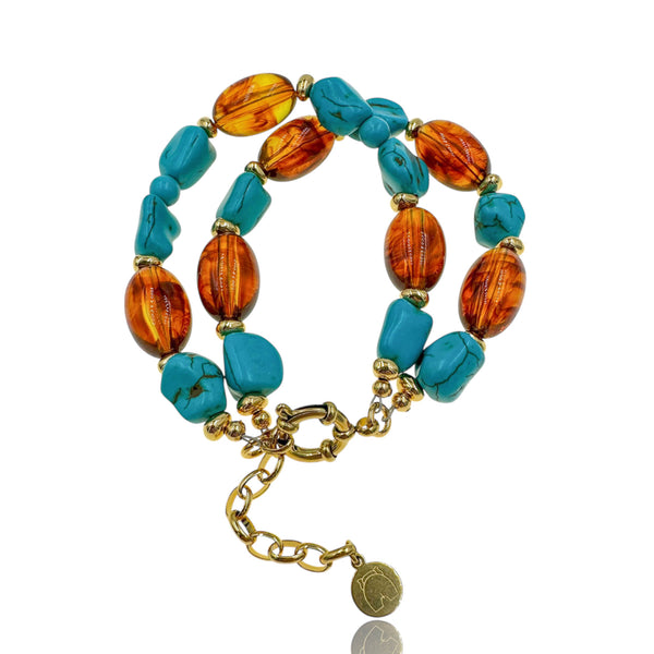 Χειροποίητο Βραχιόλι με Τιρκουάζ Πέτρες & Καραμελί Γυάλινες Χάντρες – Boho Chic Κόσμημα