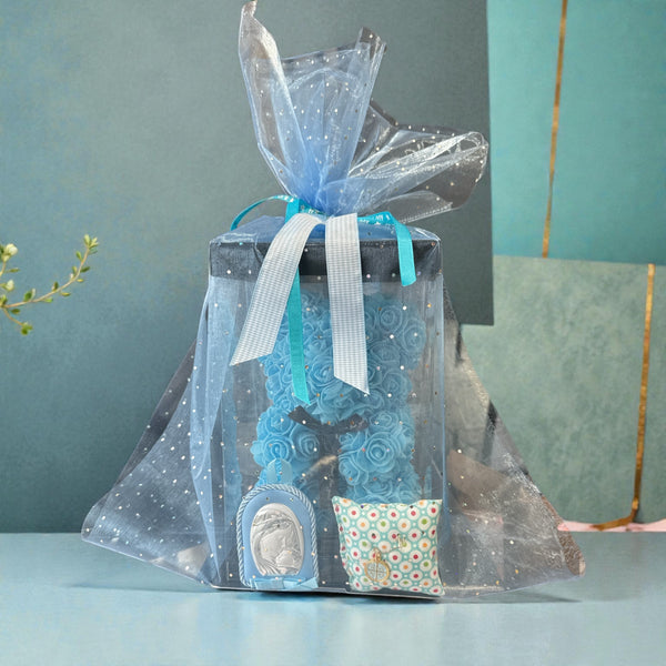 Baby Gift Set για Νεογέννητο Αγόρι – Μπλε Αρκουδάκι από Τριαντάφυλλα με Παραμάνα IC XC NIKA & Εικόνα Παναγίας