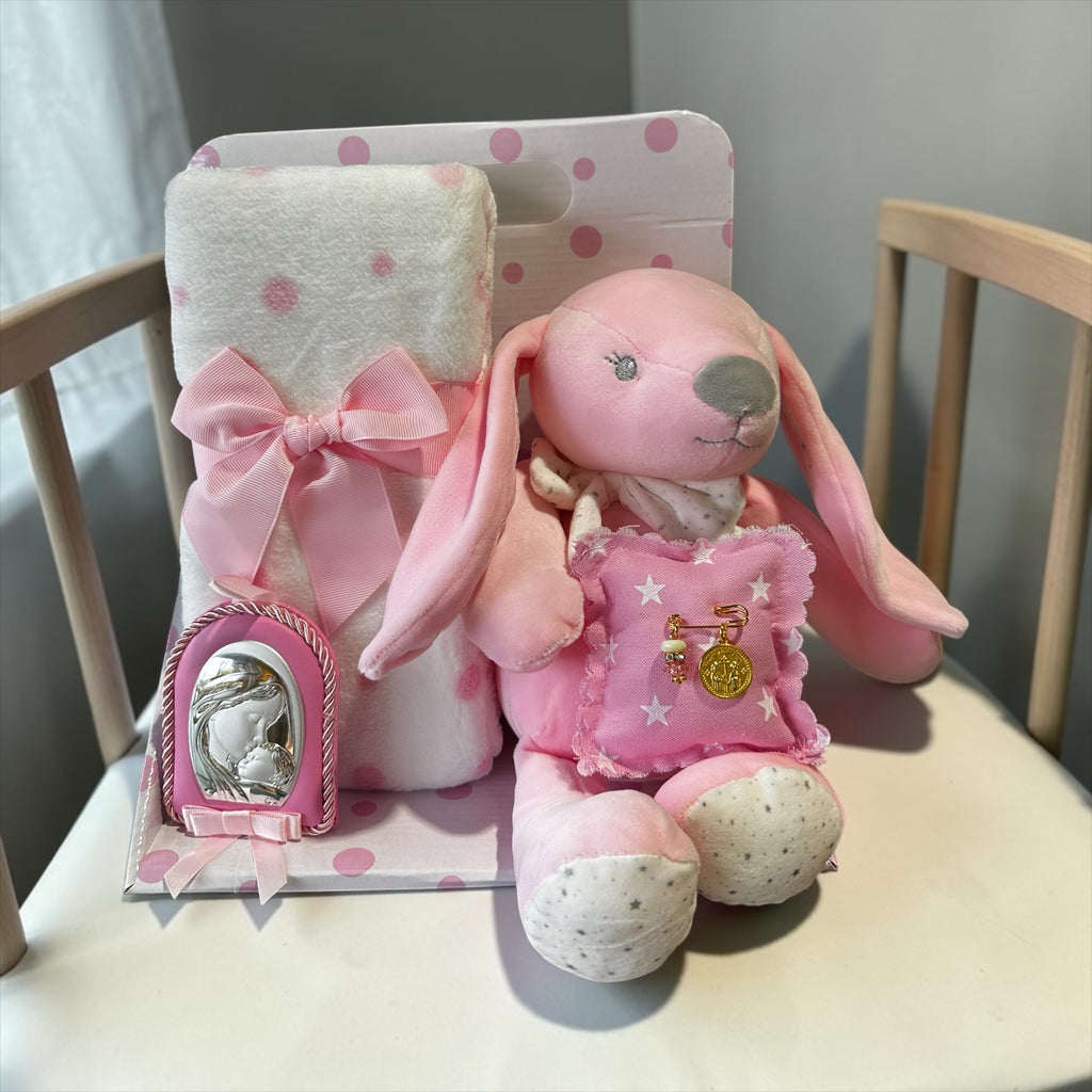 Σετ Δώρου Νεογέννητου Κοριτσιού - Κουβέρτα Φλις, Αρκουδάκι, Παραμάνα Φυλαχτό & Εικόνα Παναγίας