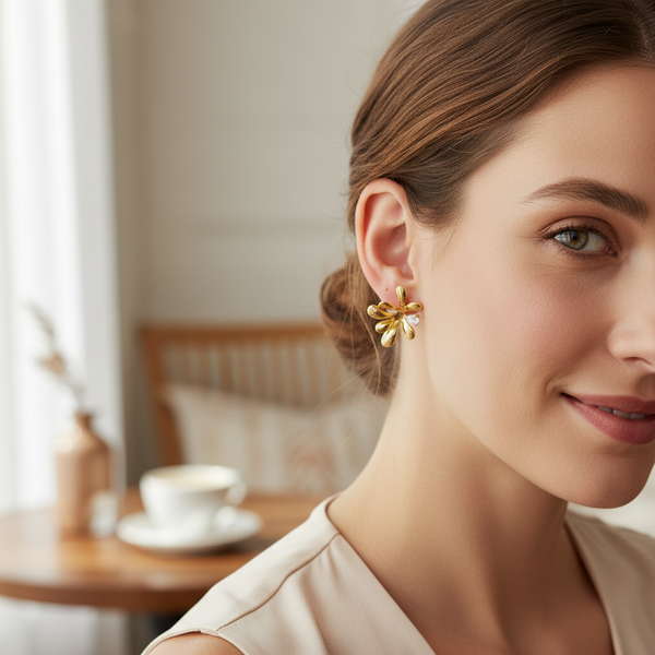 Golden Bloom – Ατσάλινα Σκουλαρίκια Λουλούδι με Κρύσταλλα