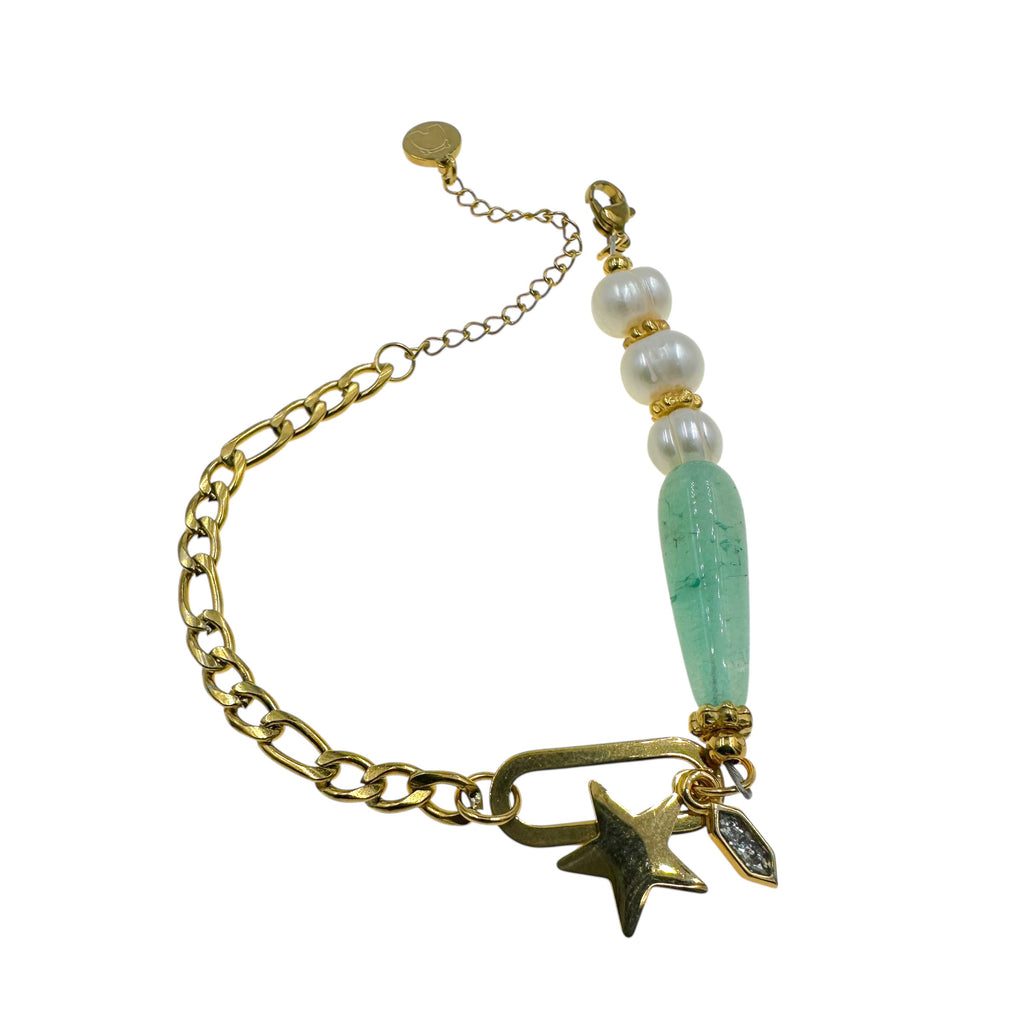 Βραχιόλι "Aether" με Πέτρα Αχάτη, Μαργαριτάρια και Χρυσά Charms