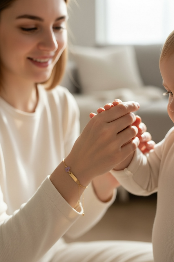 Ατσάλινη Ταυτότητα Βραχιόλι για Μαμά & Μωρό με Λουλουδάκι