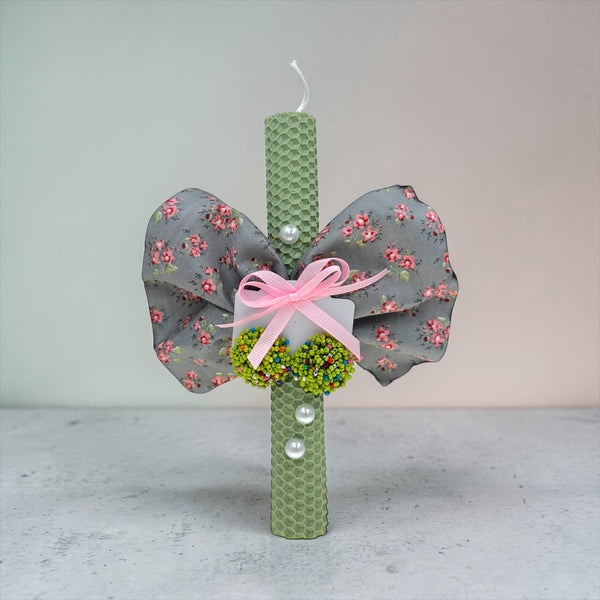 Λαμπάδα Πάσχα με Πράσινα Σκουλαρίκια – Κερί Κηρήθρας με Φιόγκο & Πέρλες