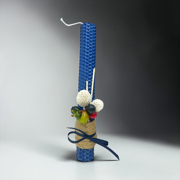 Λαμπάδα από Κηρήθρα Μέλισσας σε Μπλε Απόχρωση με Αποξηραμένα Άνθη