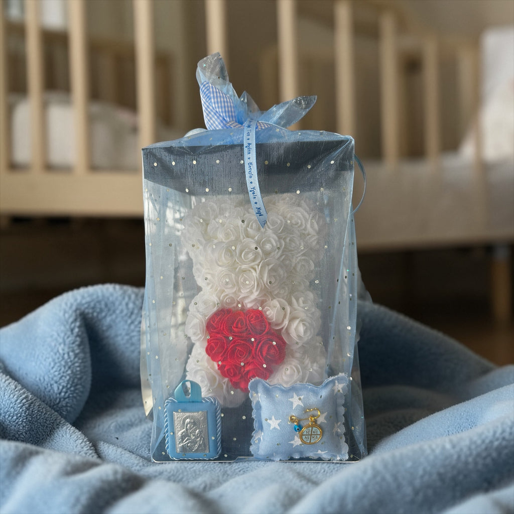 Baby Gift Set για Νεογέννητο Αγοριού – Λευκό Αρκουδάκι από Τριαντάφυλλα με Παραμάνα IC XC NIKA & Εικόνα Παναγίας (6cm*5,5 cm)