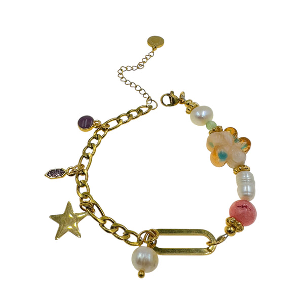 Βραχιόλι "Stardust" με Μαργαριτάρια, Πολύχρωμες Πέτρες και Χρυσά Charms