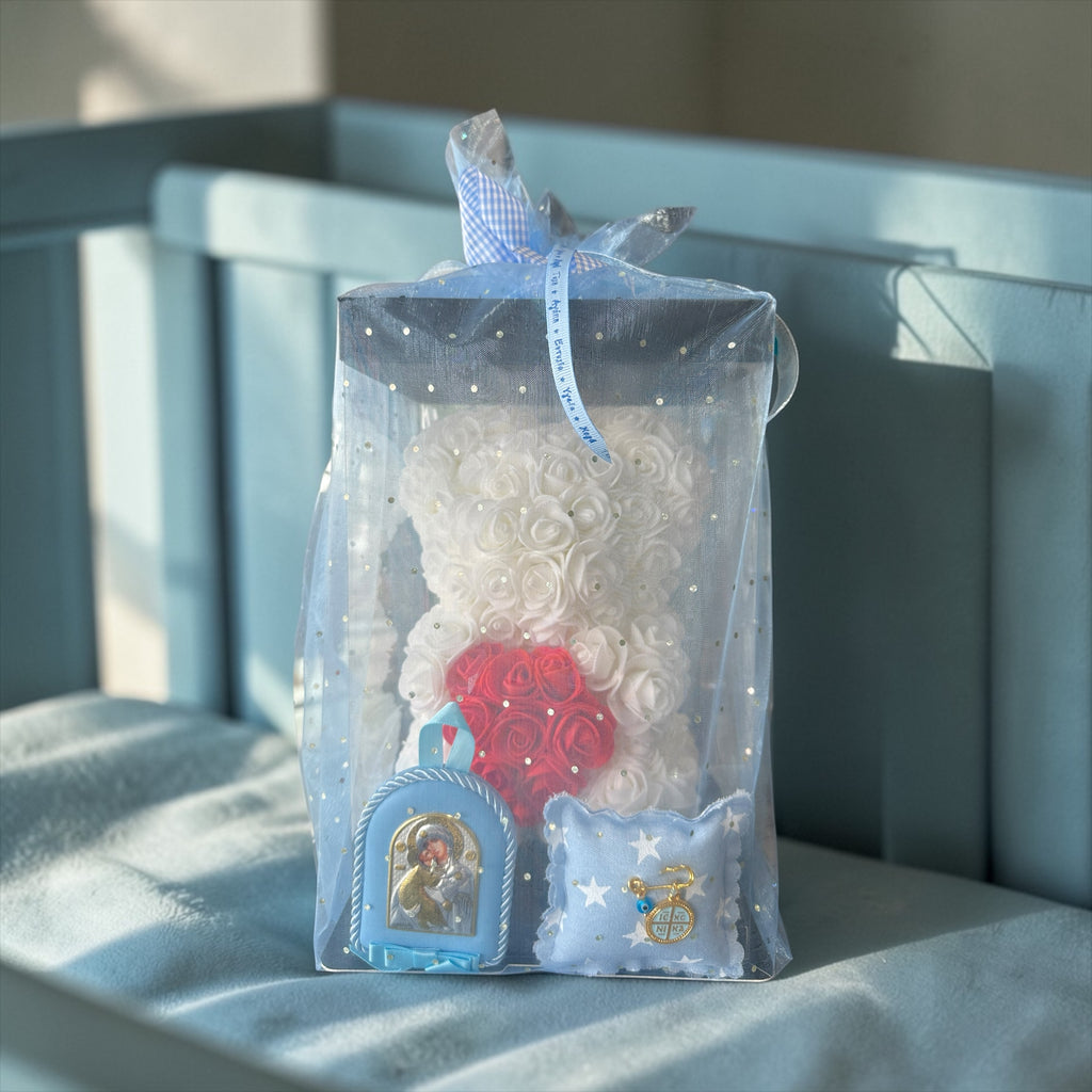Baby Gift Set για Νεογέννητο Αγοριού – Λευκό Αρκουδάκι από Τριαντάφυλλα με Παραμάνα IC XC NIKA & Εικόνα Παναγίας (9x7x1 εκ)