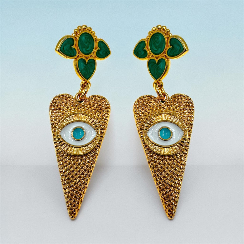 Κρεμαστά Σκουλαρίκια με Πράσινο Σμάλτο & Καρδιά σε Επιχρυσωμένο Ορείχαλκο