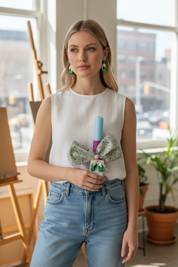 Νεανική Λαμπάδα Πάσχα 2026 με Σκουλαρίκια Σμάλτο Χρώμα Πράσινο - Λευκό