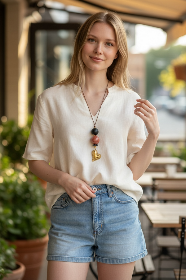 Μακρύ Κολιέ με Χάντρες & Καρδιά Χρυσή