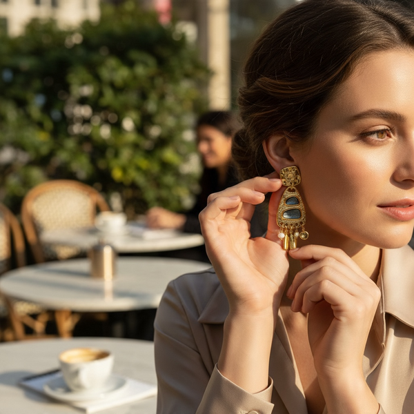 Γυναικεία Κρεμαστά Σκουλαρίκια με Χρυσά Γεωμετρικά Στοιχεία και Γκρι Σμάλτο