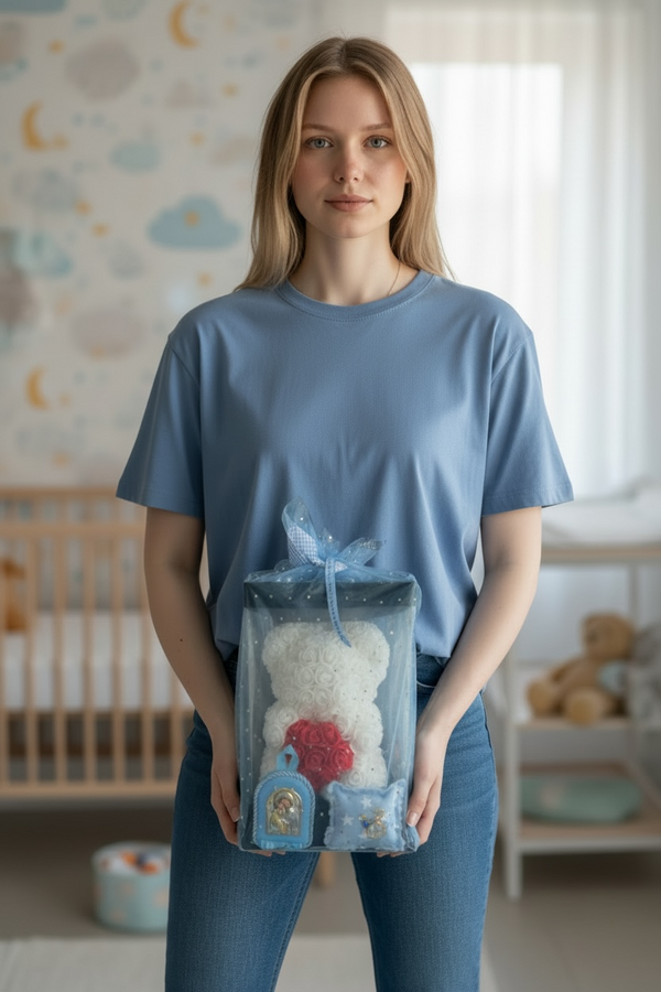 Baby Gift Set για Νεογέννητο Αγοριού – Λευκό Αρκουδάκι από Τριαντάφυλλα με Παραμάνα IC XC NIKA & Εικόνα Παναγίας (9x7x1 εκ)