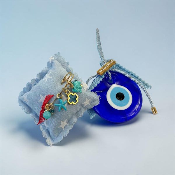 Σετ δώρου για νεογέννητο αγόρι με γυάλινο μάτι και παραμάνα με φυλαχτά