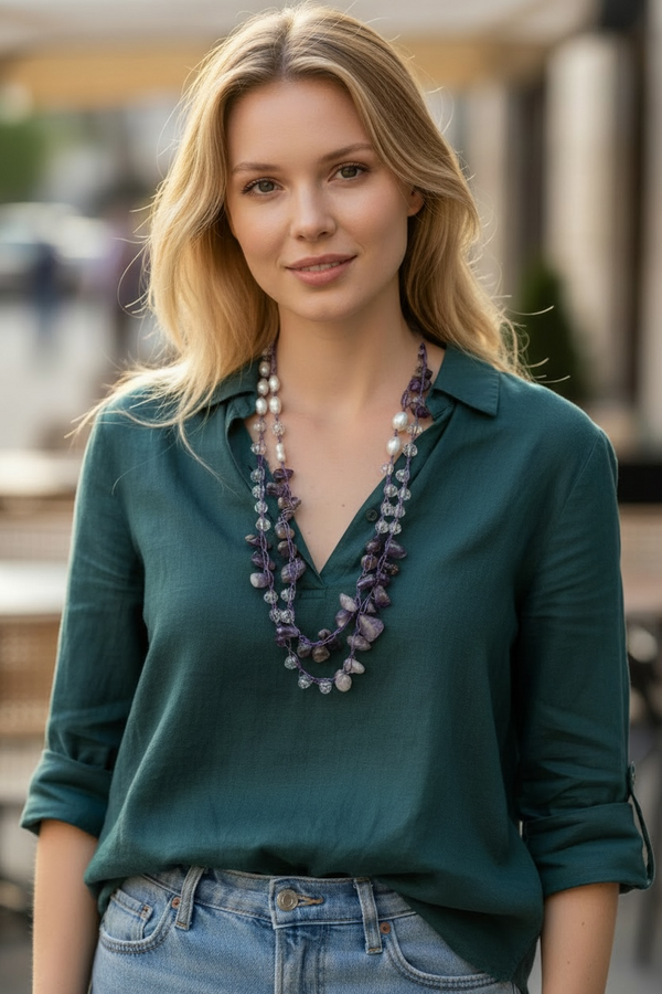 Μακρύ κολιέ με αμέθυστο, μαργαριτάρια και κρυστάλλινες χάντρες