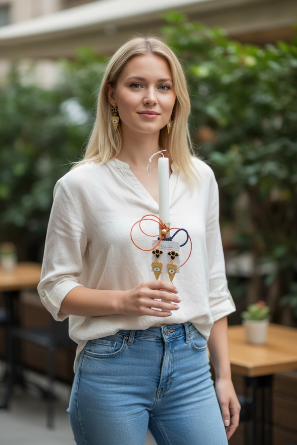 Χειροποίητη Λαμπάδα με Kαρφωτά Σκουλαρίκια Καρδιές με σμάλτο