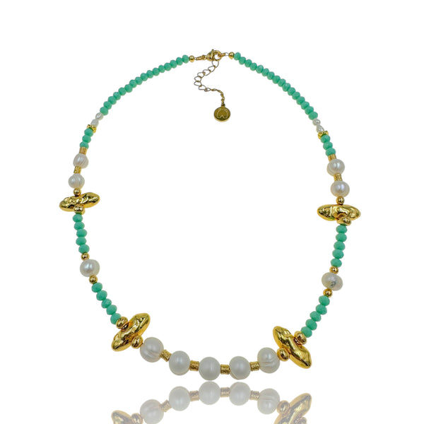 Κολιέ "Gaia" με Μαργαριτάρια, Τυρκουάζ Κρύσταλλα και Χρυσά Μοτίφ