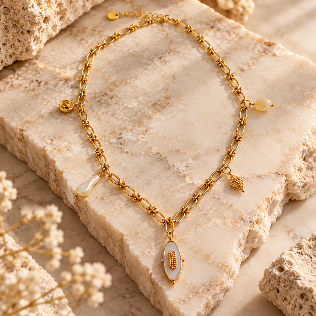 Ατσάλινο Κολιέ με Κρεμαστά Charms, Φίλντισι & Σμάλτο