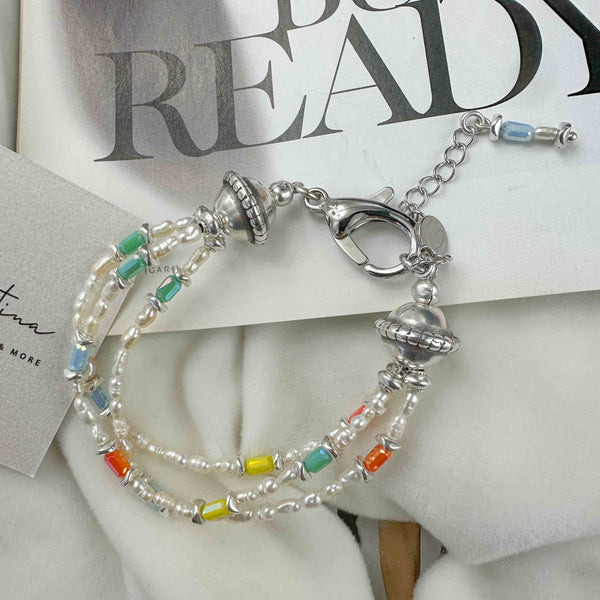 Βραχιόλι τρίσειρο με μαργαριτάρια καλλιέργειας rice και χρωματιστά κρύσταλλα