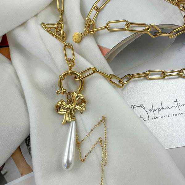 Κολιέ με Ατσάλινη Αλυσίδα και Επίχρυσο Μενταγιόν Φιόγκο με Σταγόνα Πέρλα