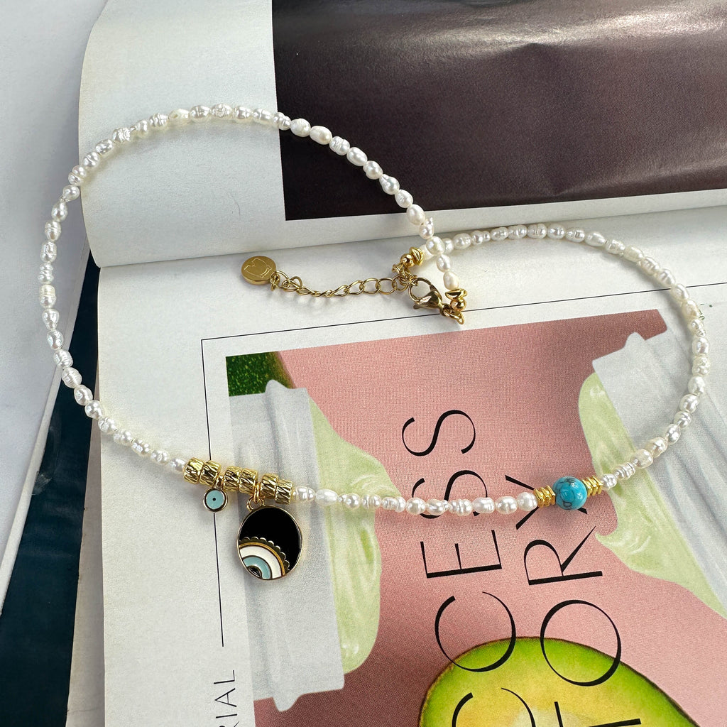 Κολιέ με Μαργαριτάρια και Ματάκια από Σμάλτο