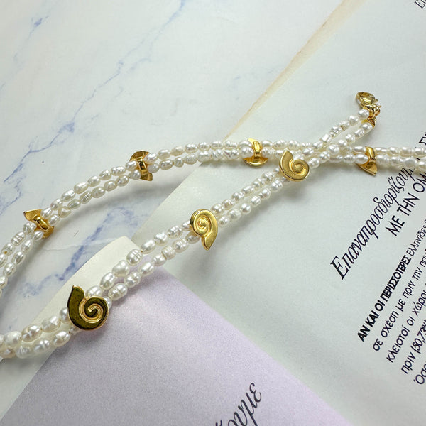 Διπλό Κολιέ Τσόκερ με Φυσικά Μαργαριτάρια και Χρυσά Κοχύλια