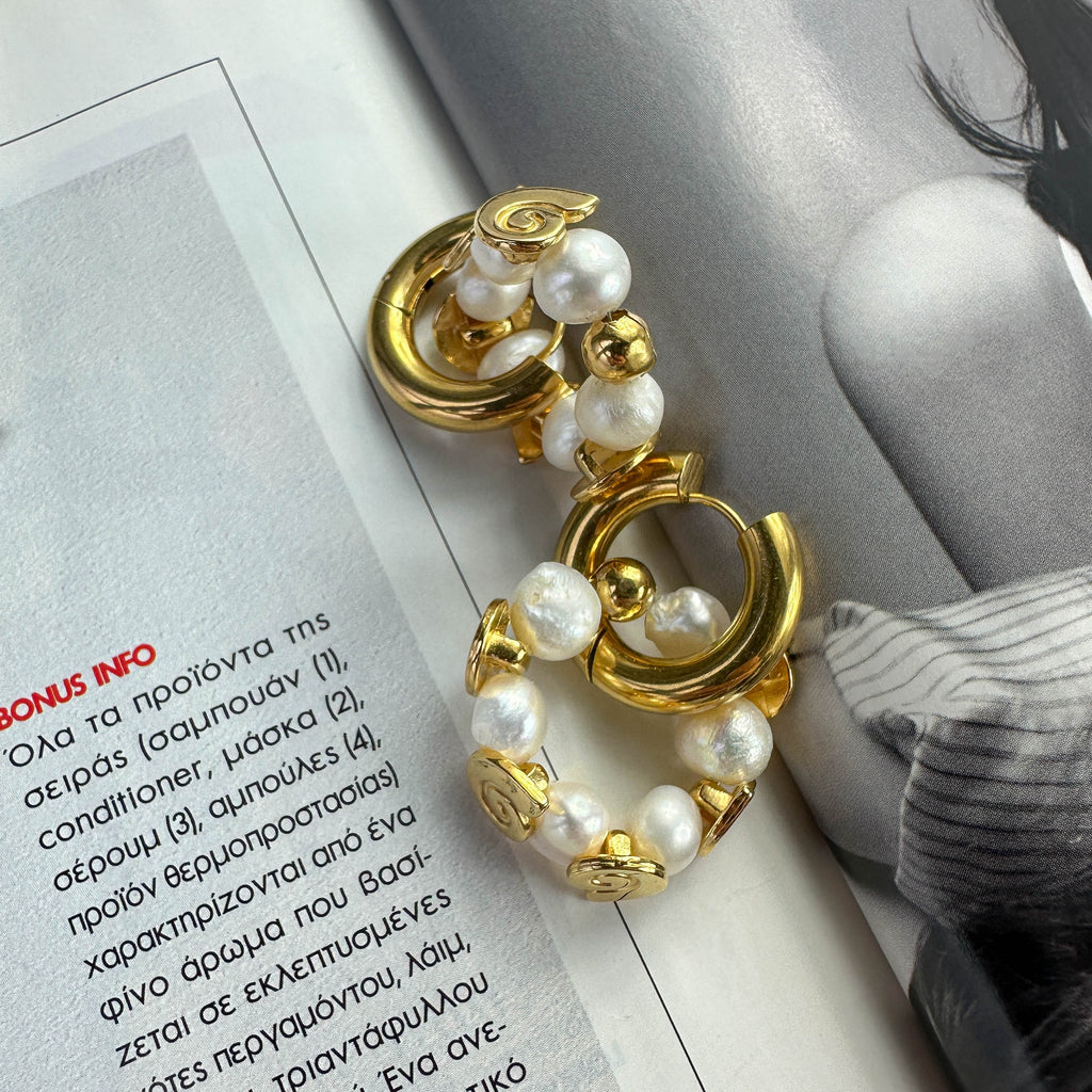Χρυσά Σκουλαρίκια Κρίκοι με Μαργαριτάρια και Κοχύλια
