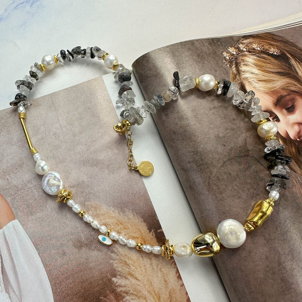 Κολιέ με Μαργαριτάρια, Ασπρόμαυρα Chips Αχάτη και Ματάκι