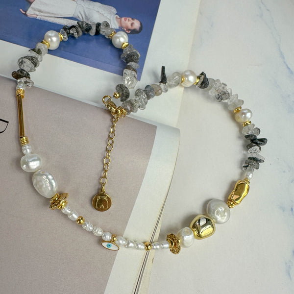 Κολιέ με Μαργαριτάρια, Ασπρόμαυρα Chips Αχάτη και Ματάκι