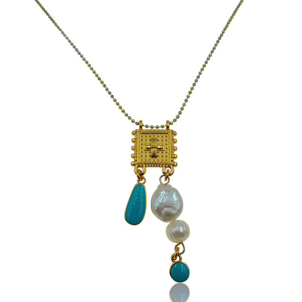 Κολιέ με Χρυσό Σταυρό, Μαργαριτάρια και Τυρκουάζ Λεπτομέρειες