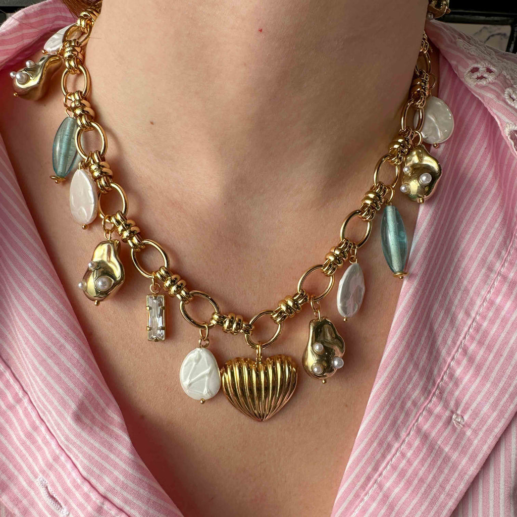 Χειροποίητο Κολιέ Ατσάλινη Αλυσίδα με Charms Hearts and Pearls