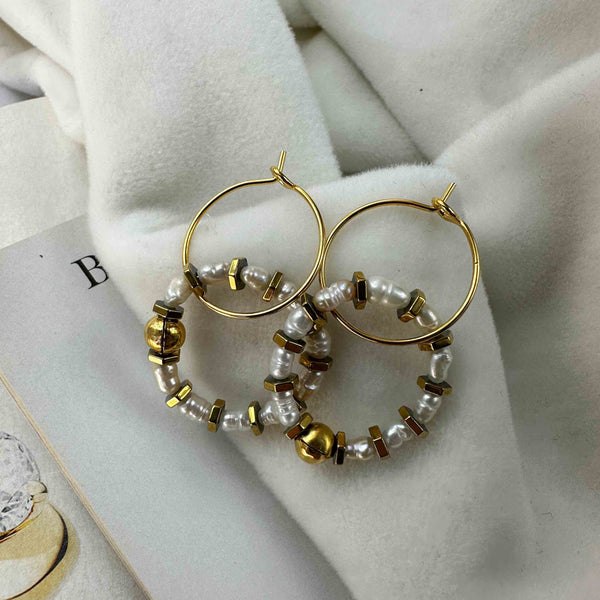 Χειροποίητα Σκουλαρίκια Κρίκοι Μαργαριτάρια Rice και Χρυσοί Αιματίτες